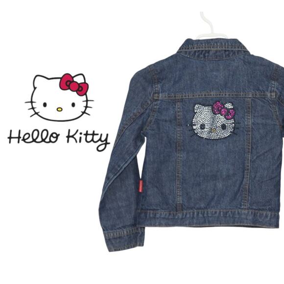 Hello Kitty Girls Denim Jean Jacket with Rhinestone Kitty on Back Size 4T - Picture 1 of 7